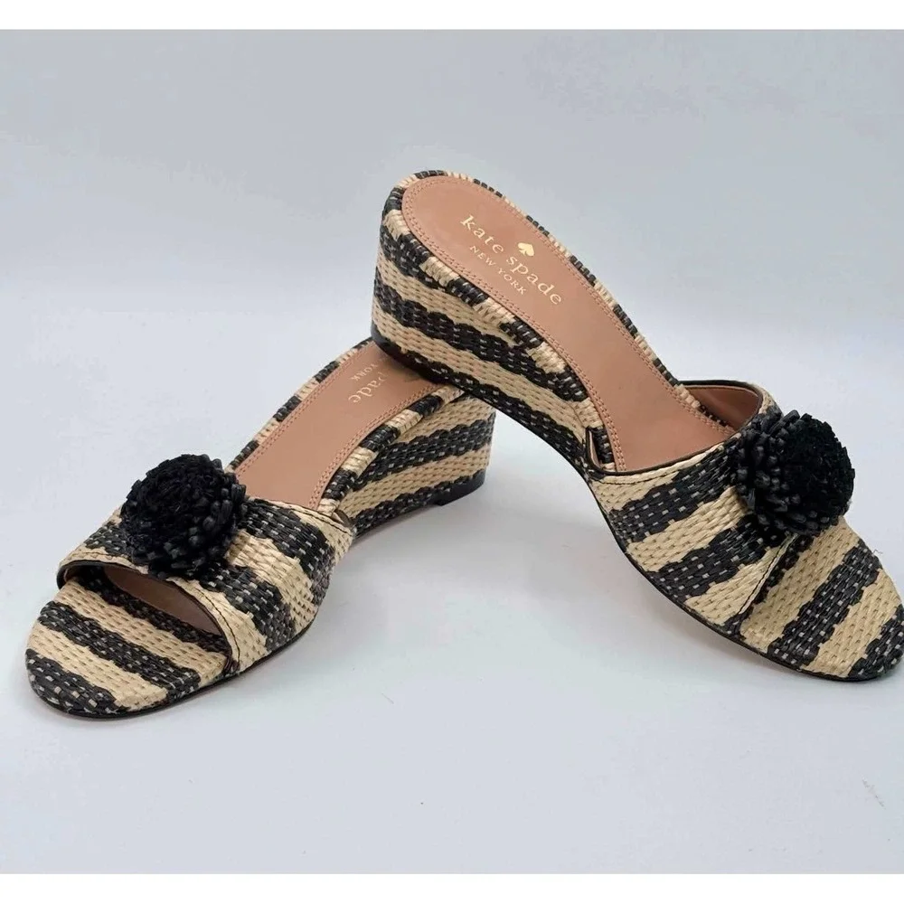 Kate Spade New York Seville Raffia Wedge Mule Sandals Black Natural Striped 7.5